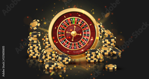 Stack of black with gold poker chips, tokens with golden casino roulette wheel on black background with reflection. Vector illustration for casino, game design, advertising.