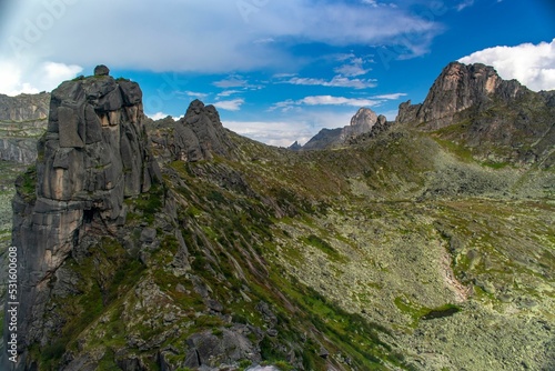 Natural view of the Sayany mountains landscape in Siberia photo