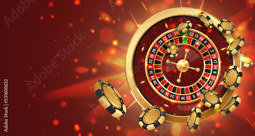 Twist gold poker chips, tokens on  golden casino roulette wheel on red background with golden light, rays, glare, sparkles. Vector illustration for casino, game design, advertising.