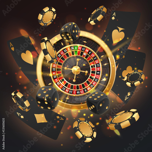 Explosion of black poker chips, tokens, playing cards, dices, casino roulette on black background with golden light, rays, glare, sparkles. Vector illustration for casino, game design, advertising.