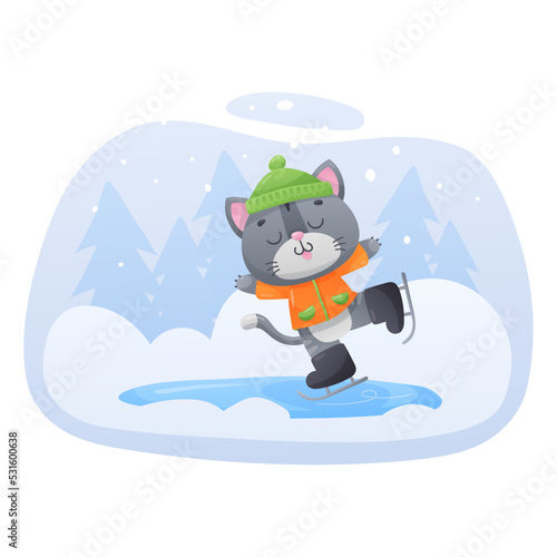 Skating cute gray kitty in ginger jacket with green cap, black skates on ice rink and trees on background. Vector illustration for postcard, banner, web, design, arts, winter calendar.