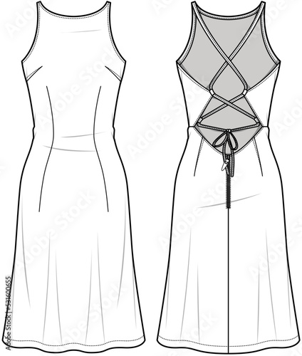 Bohemian Dress, Crisscross Back Spaghetti Straps Sleeveless dress Front and Back View. Fashion Illustration, Vector, CAD, Technical Drawing, Flat Drawing, Template, Mockup.