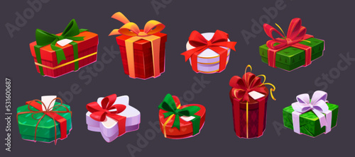 Set of gift boxes, colorful presents in wrapping paper with bows. Christmas, birthday, Valentine, New Year celebration packages. Green, red and white bonus, award prizes, isolated Cartoon vector set