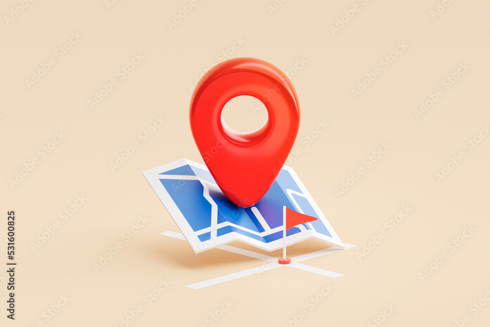 Red location pin mark map navigation on search icon 3d background with gps  global position system symbol or find travel place road direction sign  marker and simple contact address destination point. Stock