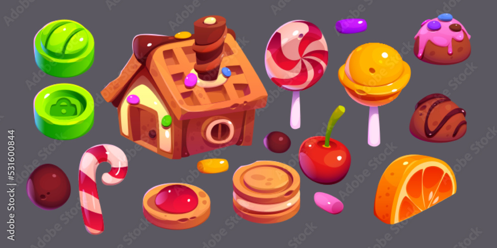 christmas sweets, desserts and bakery set. Gingerbread house, cookies, candy canes, lollipop, cherry, orange slice, Decorated sweet pastry isolated game ui elements, Cartoon Vector illustration, christmas sweets, desserts and bakery set. Gingerbread house, cookies, candy canes, lollipop, cherry, orange slice, Decorated sweet pastry isolated game ui elements, Cartoon Vector illustration,