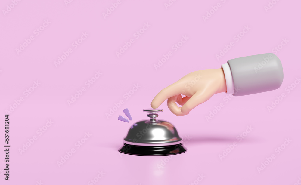 3d hands pushing on the service bell icon set isolated on pink background. 3d render illustration, clipping path