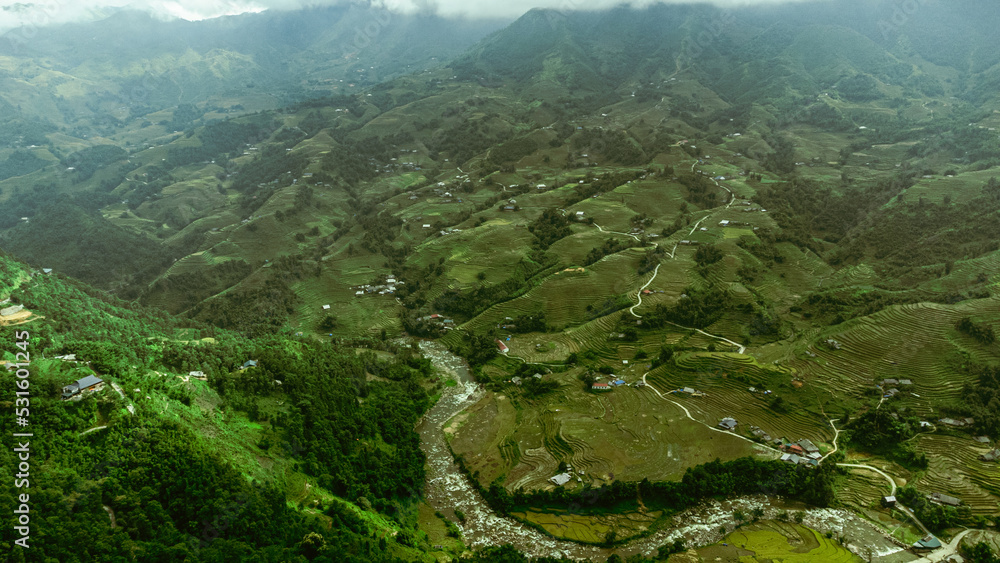 Beautiful mountain landscape, shot from the drone of green rice terraces, Sapa, Vietnam.