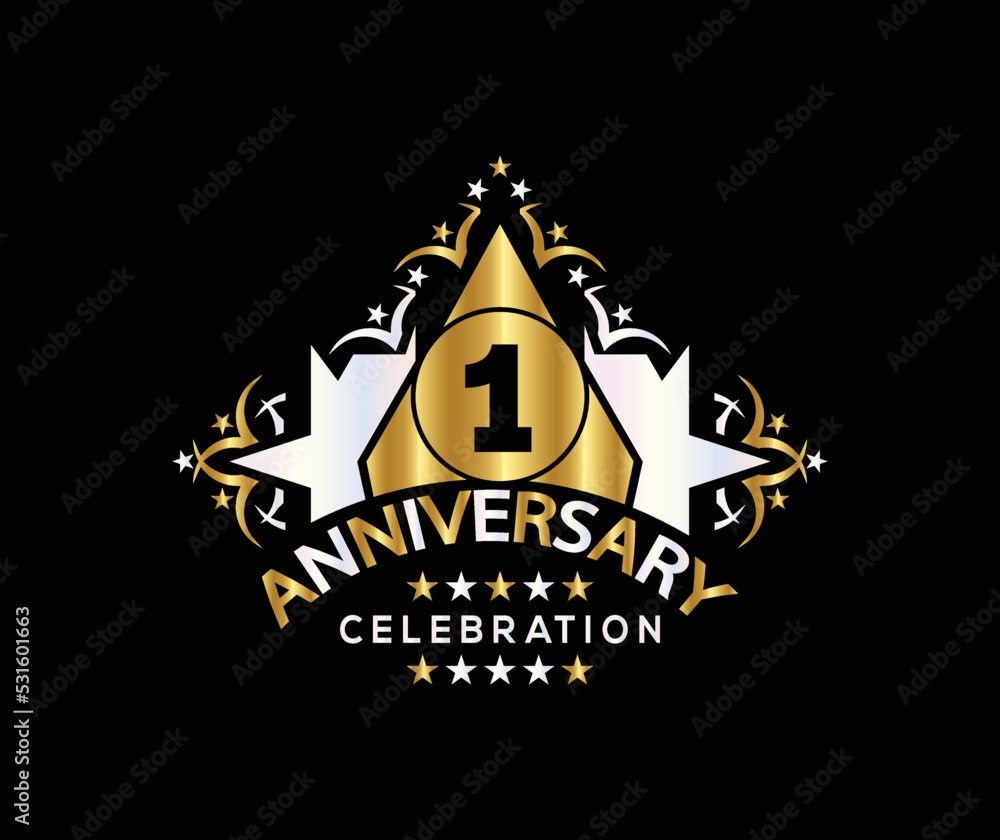 Invitation card, Celebrating of, 1 Years Anniversary, Simple Design of gold color decoration Logo