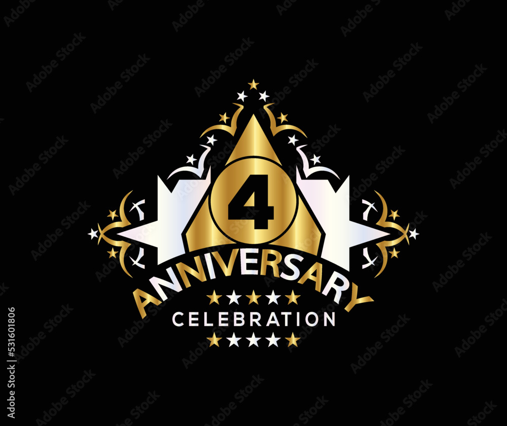 Invitation card, Celebrating of, 4 Years Anniversary, Simple Design of gold color decoration Logo