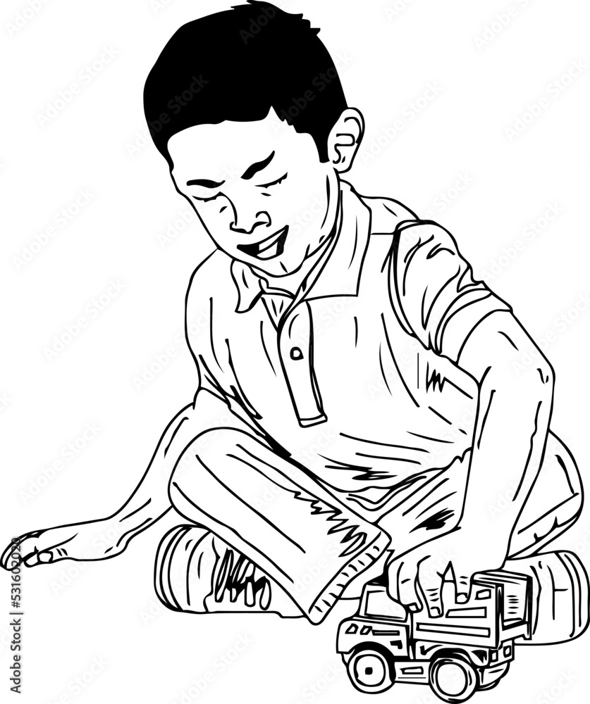 Cartoon doodle vector of little boy play with small toy car, Sketch drawing silhouette of kid playing with toy truck
