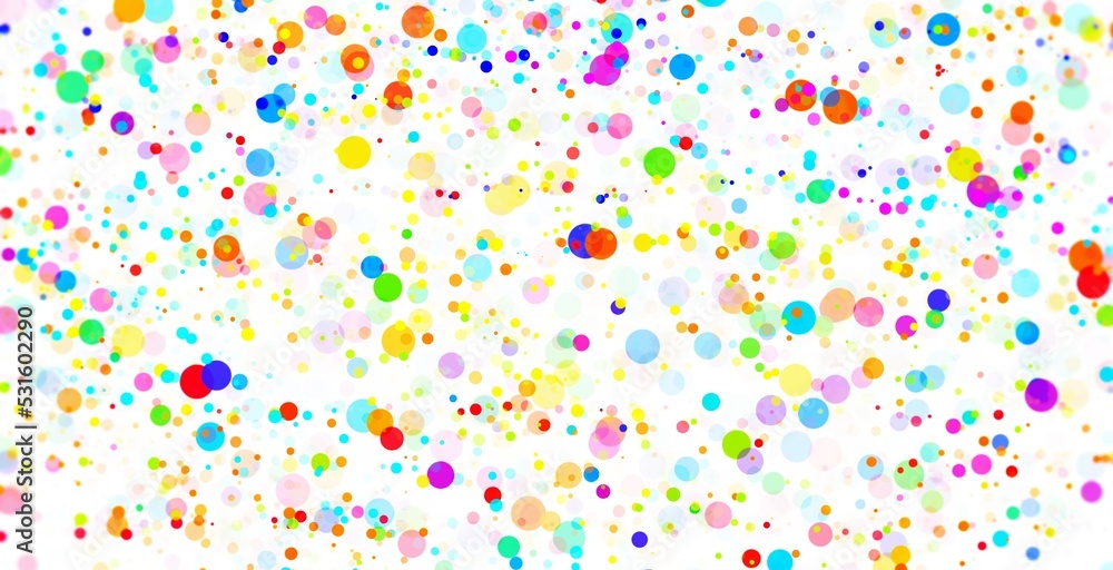 Colorful dots on white background. Retro vibe colors. Confetti rain.