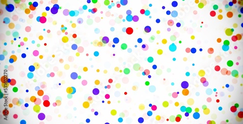 Colorful dots on white background. Retro vibe colors. Confetti rain.