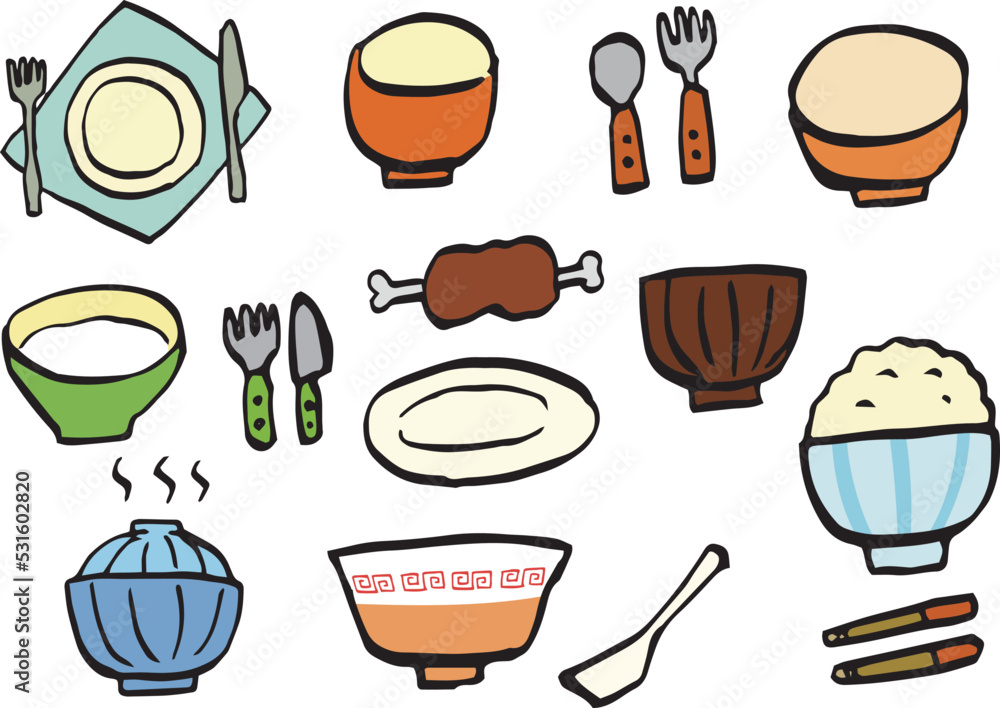Hand-drawn tableware illustration (color).