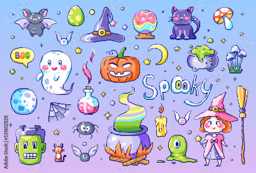 Pixel art halloween geek icon set. 8bit retro game sticker elements like spooky pumpkin, witch, cute ghost, cat, bat, magic potion, spider, candle. Vector graphic for game, stickers and cross stitch.