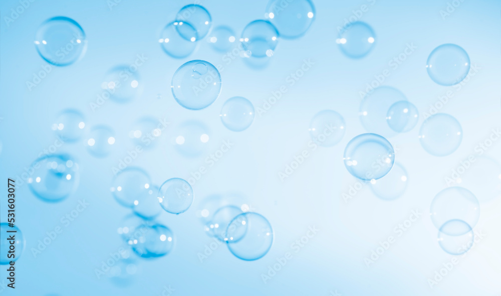 Abstract Transparent Blue Soap Bubbles Background. Soap Sud Bubbles Water.