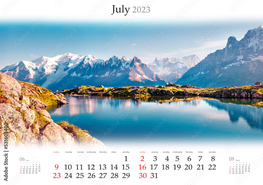 Wall calendar for 2023 year. July, B3 size. Set of calendars with ...