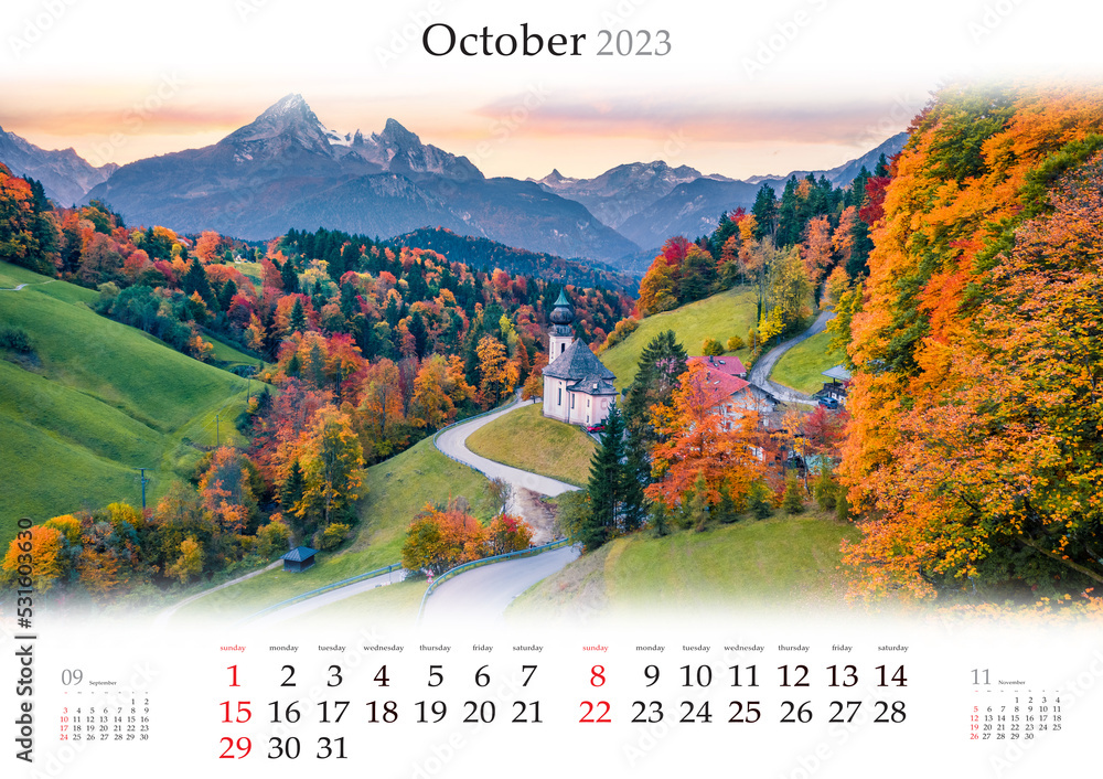 Wall calendar for 2023 year. October, B3 size. Set of calendars with