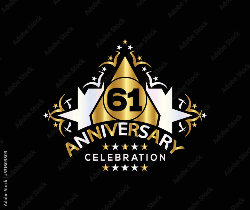 Invitation card, Celebrating of, 61 Years Anniversary, Simple Design of gold color decoration Logo