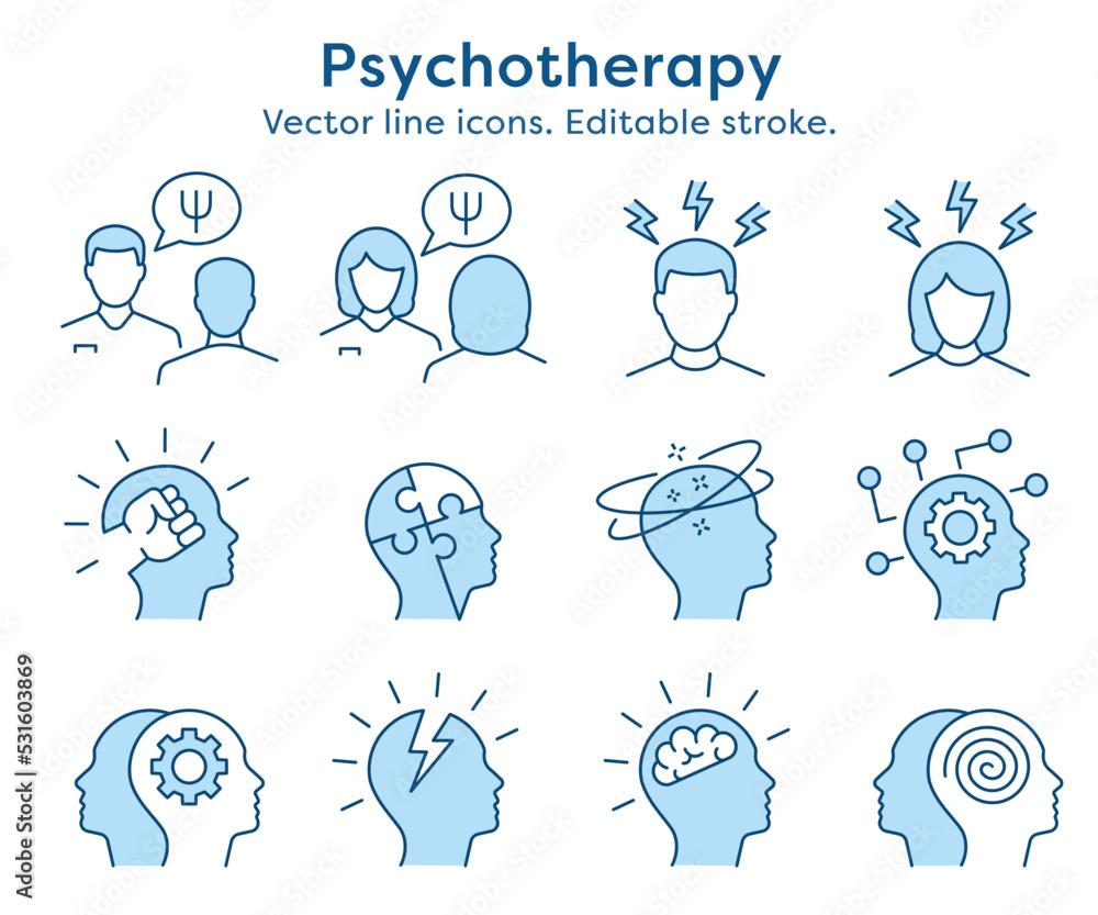 Psychology icon set. Collection of mind, brain, emotion, psychologist and more. Vector illustration. Editable Stroke. - obrazy, fototapety, plakaty 