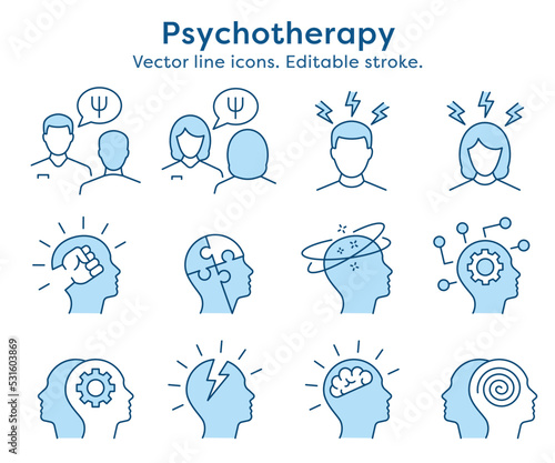 Psychology icon set. Collection of mind, brain, emotion, psychologist and more. Vector illustration. Editable Stroke.