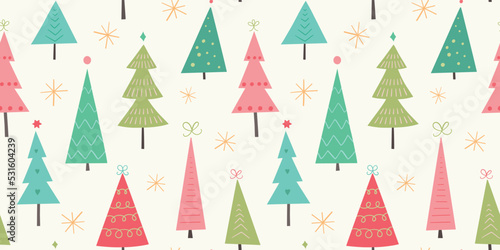 Christmas tree pattern background. Vector seasonal border. 