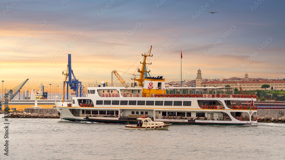 Modern ferry boat sailing in Marmara sea near Istanbul, against background of Haydarpasa terminal, Kadikoy, Istanbul, Turkey Modern ferry boat sailing in Marmara sea near Istanbul, against background of Haydarpasa terminal, Kadikoy, Istanbul, Turkey