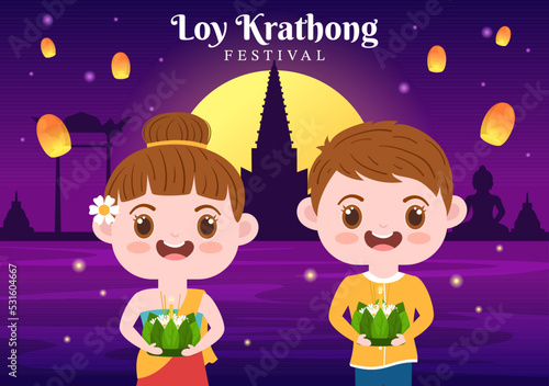 Loy Krathong Festival Celebration in Thailand Template Hand Drawn Cartoon Flat Illustration with Lanterns and Krathongs Floating on Water Design