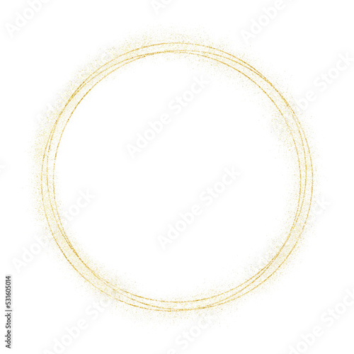 Round golden frame, gold circles. Glitter splatter. Isolated png illustration, transparent background. Asset for overlay, texture, pattern, montage, collage, shape, greeting, invitation card.