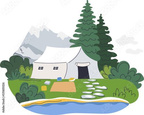 Eco resort or camping spot, tent by lake or river