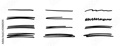 Hand drawn scribble lines. Doodle marker line stripes collection. Swift crossed and wavy underlines. Handmade scribble dividers. Vector illustration isolated on white background.