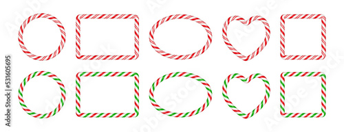 Christmas candy cane frames with red and green striped. Xmas circle, oval, square border with striped candy lollipop pattern. Blank christmas template. Vector illustration isolated on white background