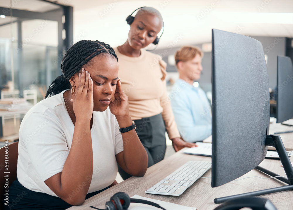 Stress, headache and frustrated in the office from work with exhausted woman at desk. Black businesswoman tired from performance in workplace with overworked, disappointed and upset worker Stress, headache and frustrated in the office from work with exhausted woman at desk. Black businesswoman tired from performance in workplace with overworked, disappointed and upset worker