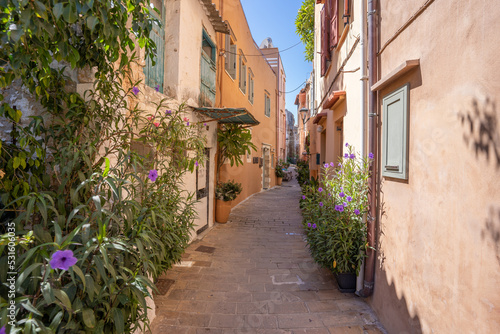 traditional small narrow alley in greek town Chania on island Crete © Florian Blickle