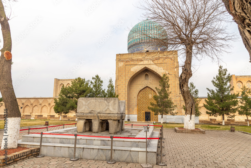 The Koran on the territory of the Bibi Khanum cathedral mosque. Samarkand city, Uzbekistan.