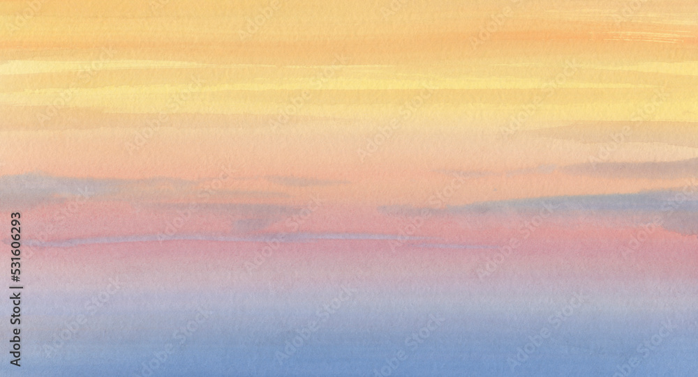 Abstract background drawn with a brush on paper. Horizontal gradient from blue to orange watercolor background, wash technique. Bright sky and water watercolour.