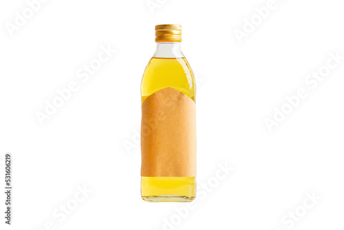 Olive oil glass bottle isolated on white background with clipping path, organic healthy food for cooking.