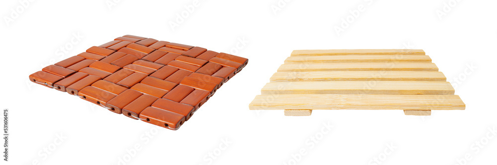 A set of two isolates on a transparent background. Wooden stands for hot dishes: one braided, the other knocked down from crossed slats. A set of two isolates on a transparent background. Wooden stands for hot dishes: one braided, the other knocked down from crossed slats.