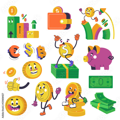 Money character, coin and banknotes, purse vector