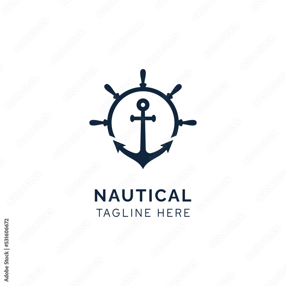 Ship wheel and anchor for boat ship yacht nautical transport logo design  vector inspiration Stock Vector