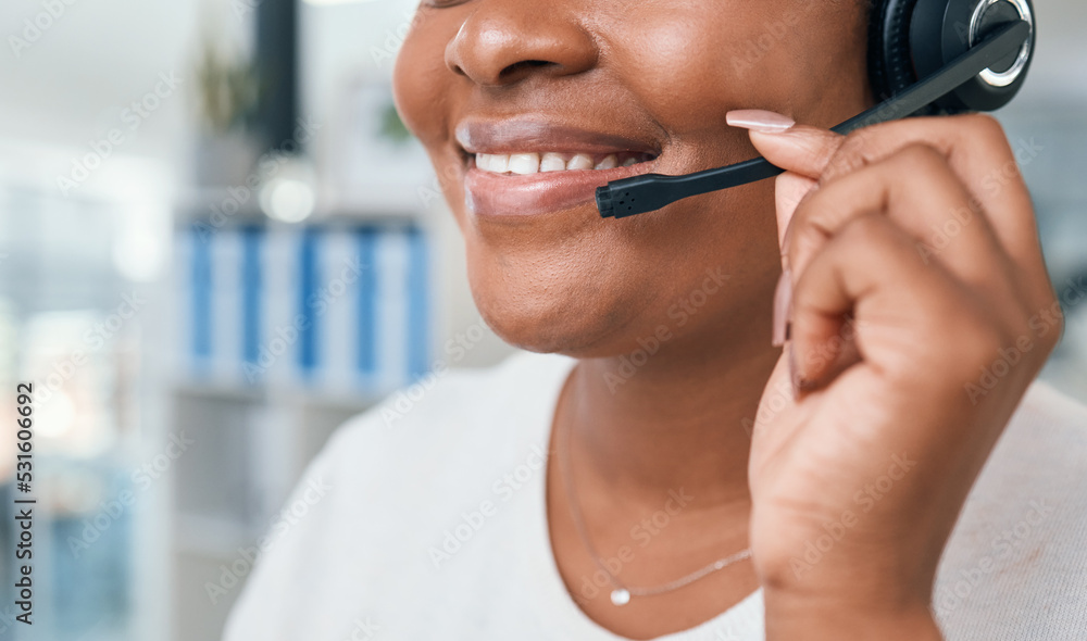 Fototapeta premium Customer service, call center and telemarketing worker with headset, happy and smile talking to a client. Consultant, contact us or help desk agent consulting, support and advice with crm questions