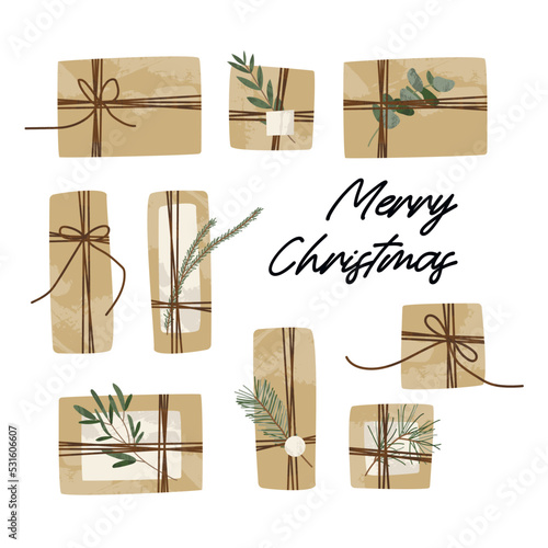 Christmas presents in kraft wrapping paper. Rustic craft gift box. Handmade decoration, DIY. Xmas and New Year celebration. Vector flat cartoon illustration