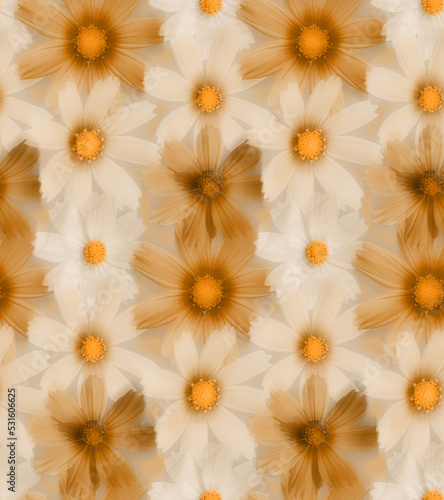 Blurred Real Calendula Daisy Flowers Seamless Pattern Psychedelic Design Perfect for Allover Fabric Print Trendy Fashion Colors Natural Look © mustafa