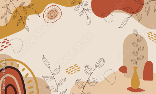Aesthetic background. Boho background. Background with  rainbows, vase, sun, leaves, dots and geometric shapes in boho and aesthetic style. Vector Illustration.