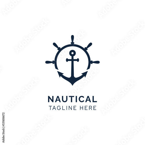 Ship wheel and anchor for boat ship yacht nautical transport logo design vector inspiration