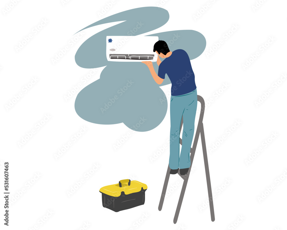 A male technician or specialist repairs, cleans and maintains an air conditioner. Flat vector illustration