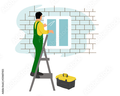Window installer. Workman in overalls installing or adjusting plastic windows in the living room at home. Flat vector illustration