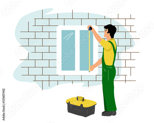 Man worker using a tape measure to measure a window to install blinds. A builder installs or adjusts a window in a house. Flat vector illustration