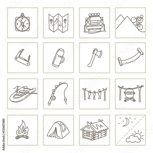 Camping and tourism outdoor elements, Set of icons, line design