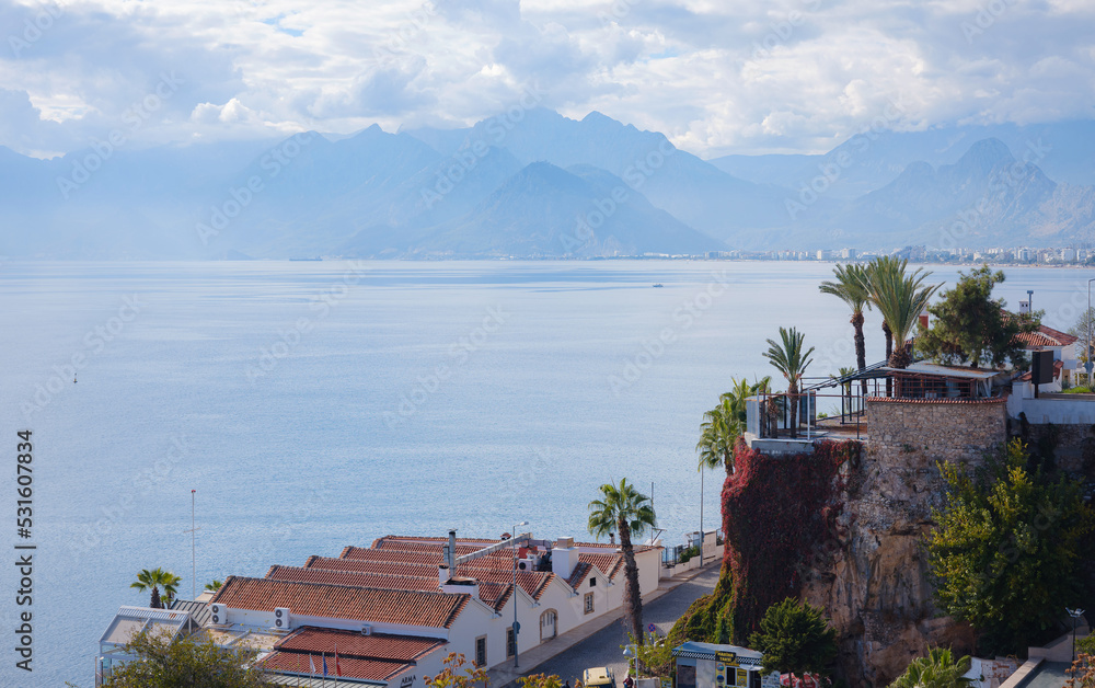 Obraz premium view of the old port in the city, travel to turkey, old town Kaleci. discover interesting places and popular attractions and walks