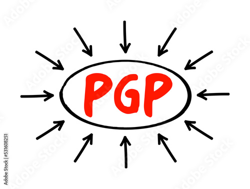 PGP - Pretty Good Privacy is an encryption program that provides cryptographic privacy and authentication for data communication, acronym technology concept with arrows